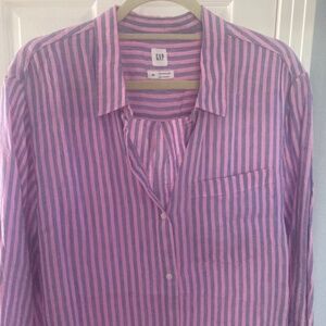 GAP LINEN STRIPED BOYFRIEND COTTON LONG SLEEVE SHIRT PINK LAVENDER XXL